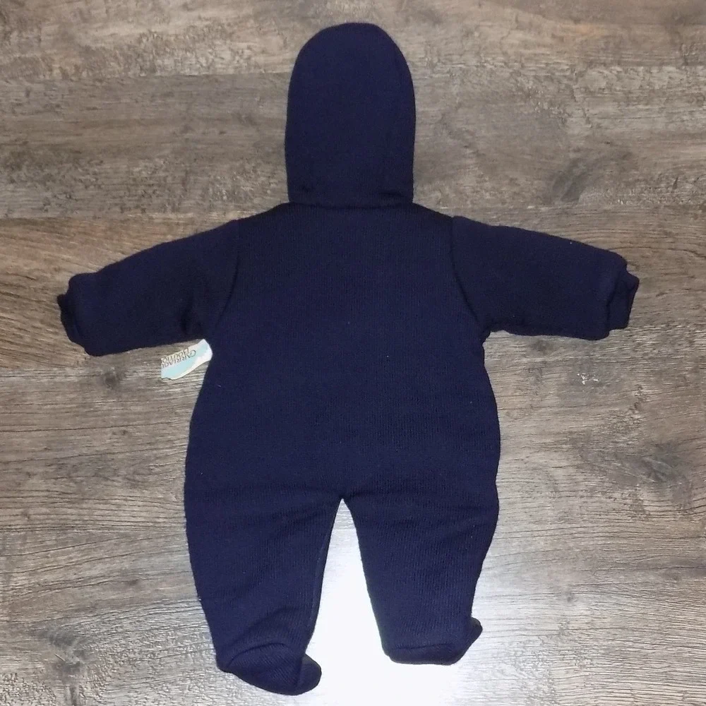 Carriage Boutiques Knit Pram Suit Kids 6M Navy New Teddy Bear Hooded Bunting